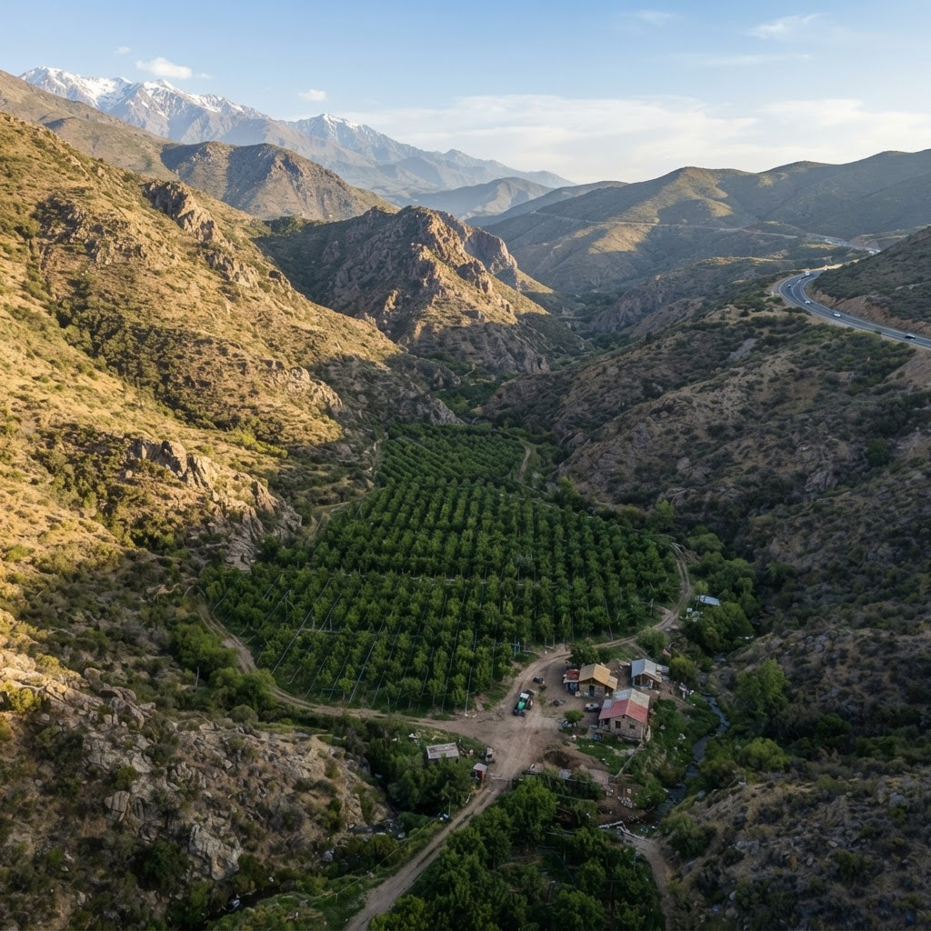 Huerto ubicado en un sector interior de un valle, lejos de la carretera principal
