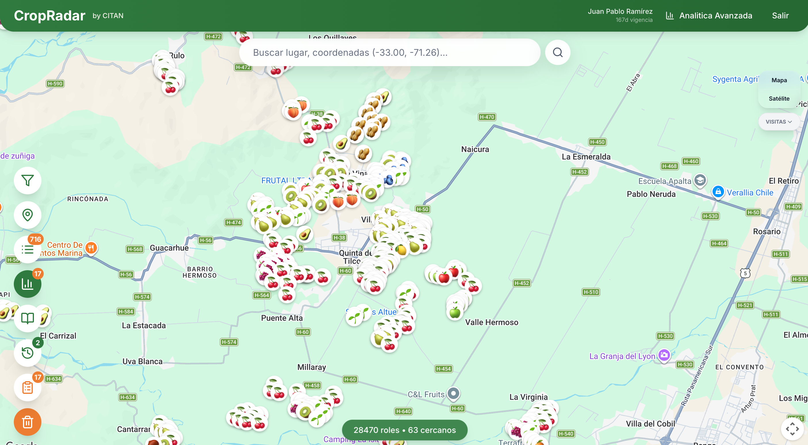Mapa de CROPRADAR con miles de predios georreferenciados por especie, usado en operación real