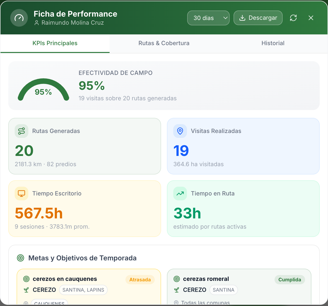 Ficha de performance real de un ejecutivo comercial con efectividad de campo, rutas y visitas