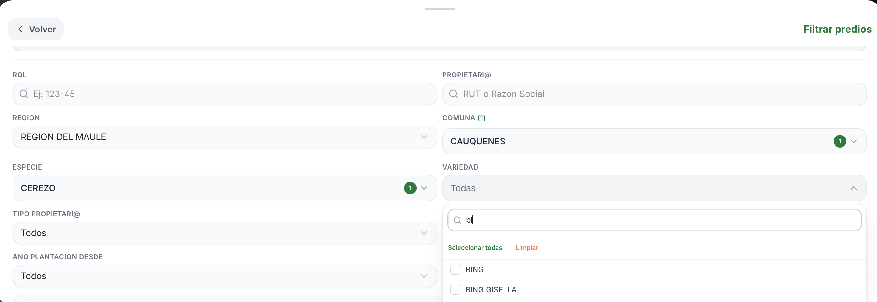 Panel de filtros reales por rol, propietario, región, comuna, especie y variedad