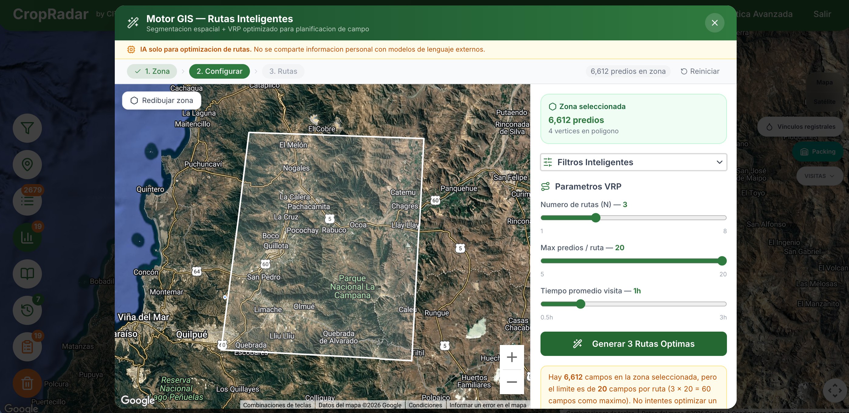 Motor GIS con parámetros de rutas inteligentes ajustables sobre una zona real de más de 6.000 predios
